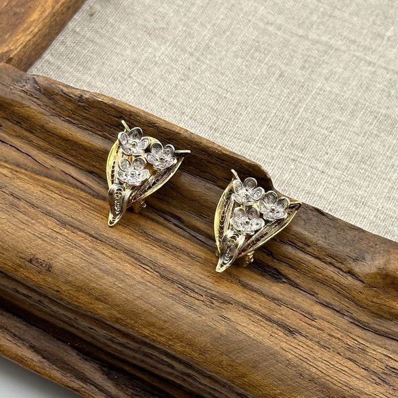 Vintage Vermeil Filigree Flowers Clip On Earrings Silver Gold Cannetille 7/8" L - Picture 13 of 15